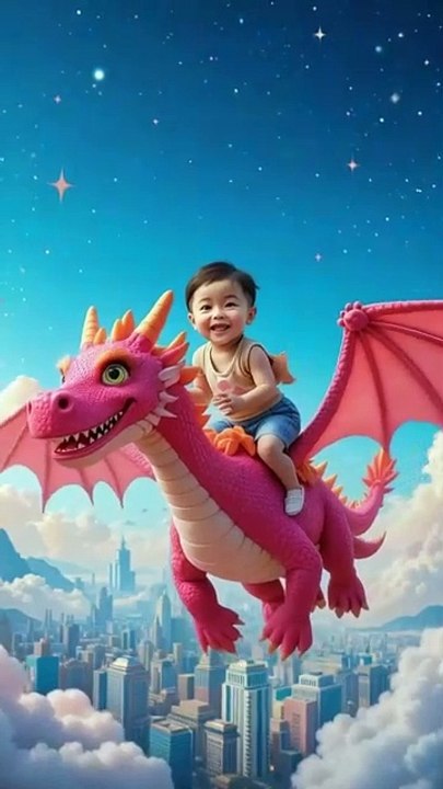 A joyful baby big smiling rides on the back of a vibrant pink dragon (1)