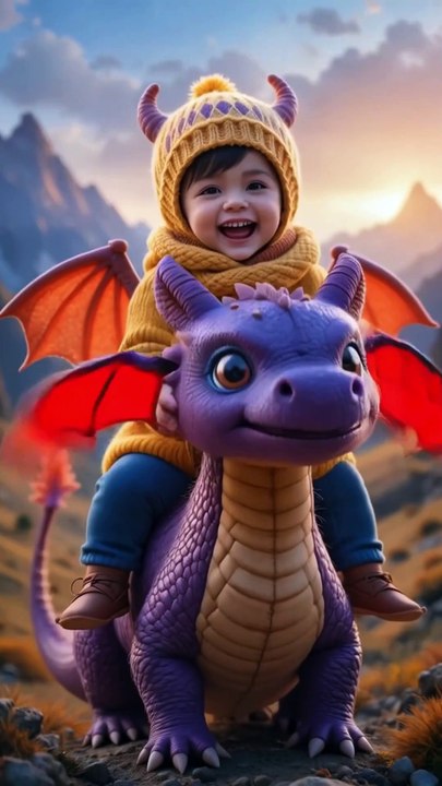 A cheerful toddler riding on the back of a cute purple dragon