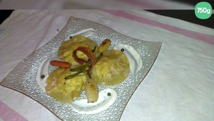 Raviole de printanière de légumes et bacon au chavroux