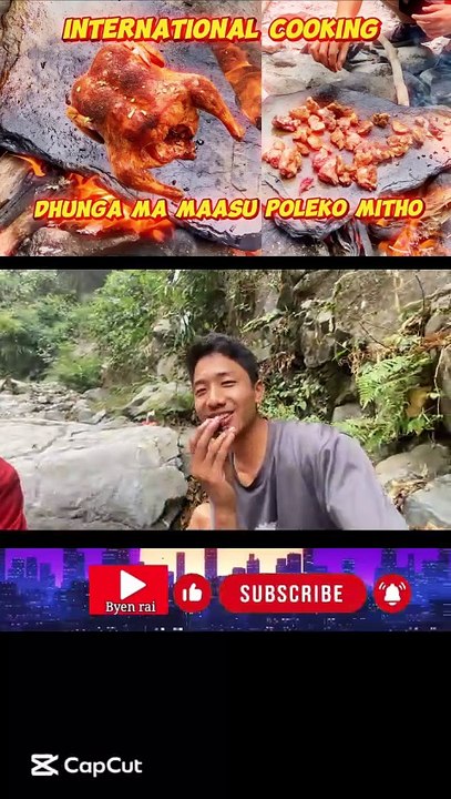 International cooking chicken in stone at river side