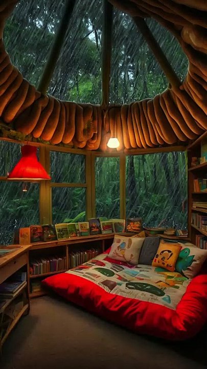 Rainy Day Book Nook with Cozy Bed.