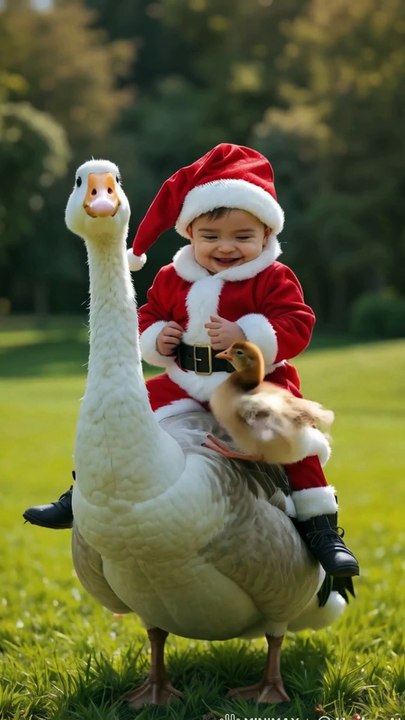 Baby Joyfully Riding On The Back of a Large  Goose