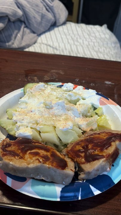 February 21, 2025 I cook all my food breakfast lunch and dinner, but this is my lunch I made today baked potato, extra sour cream, baked beans, barbecue pork chops ￼