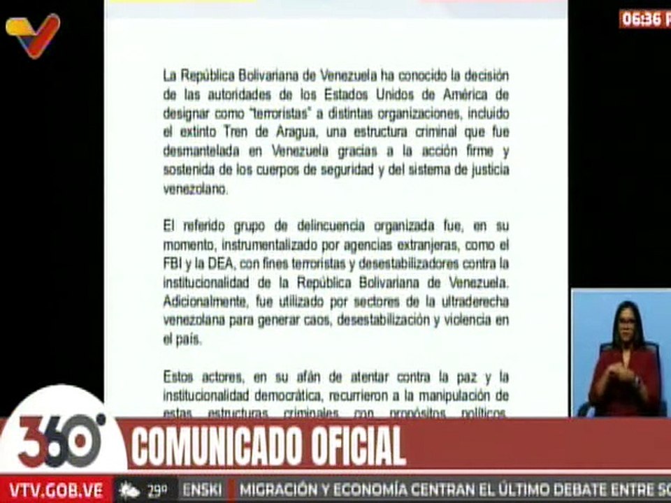 Venezuela concuerda con EE.UU. de designar como "terroristas" a distintas organizaciones delictivas