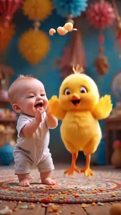 A cute baby joyfully clapping and cartoon chick jumping playing with Baby