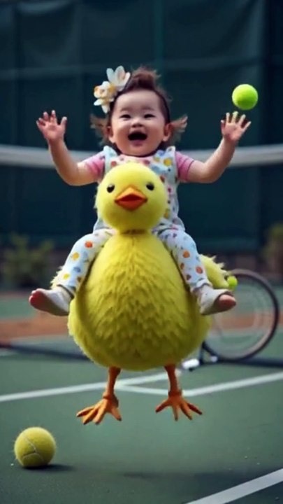 A baby girl joyfully laughing while sitting on a cartoonish chick that resembles a bright green tennis ball.