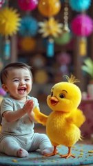 A cute baby joyfully clapping with cartoon chick