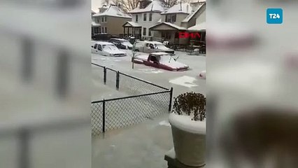 ABD'de soğuktan su borusu patladı, sokaklar buzlu su altında kaldı