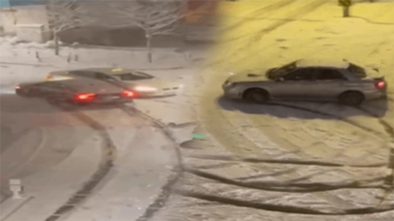 Karlı yolda drift attı; yolda kalan araçları vatandaşlar itti