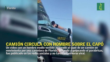Camión circula a toda velocidad con un hombre sobre el capó en Florida