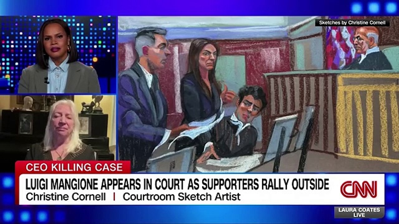 CNN’s Laura Coates speaks with courtroom sketch artist Christine Cornell about what she saw during the procedural court hearing for Luigi Mangione, the 26-year-old accused of killing UnitedHealthcare’s CEO last year.   #CNN #News