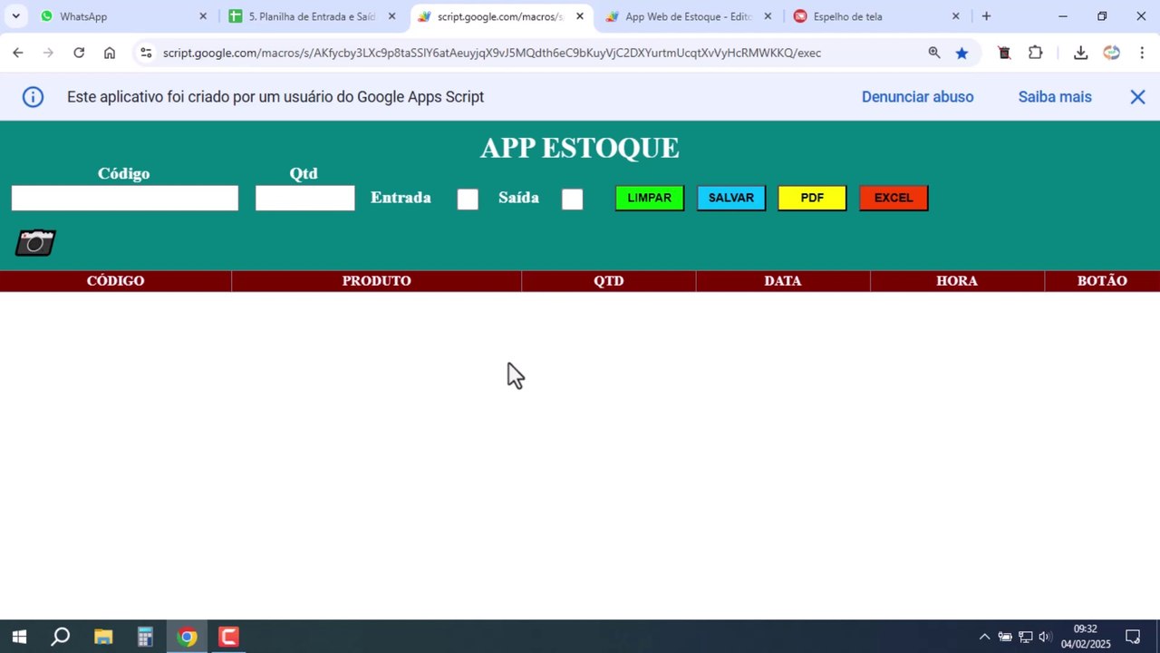 Planilhas Google | Página App Web de Controle de Estoque | PRONTO