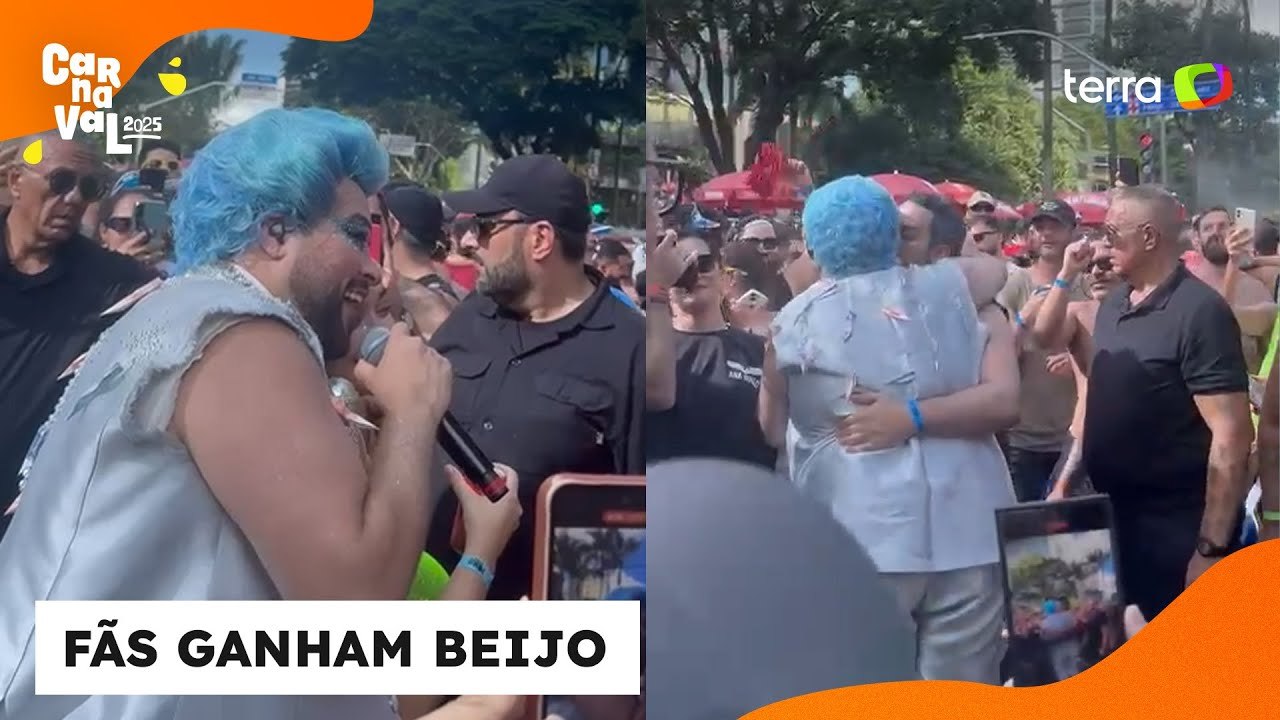 Tiago Abravanel desce do trio elétrico e distribui selinhos entre foliões: 'Tô beijando até mulher'