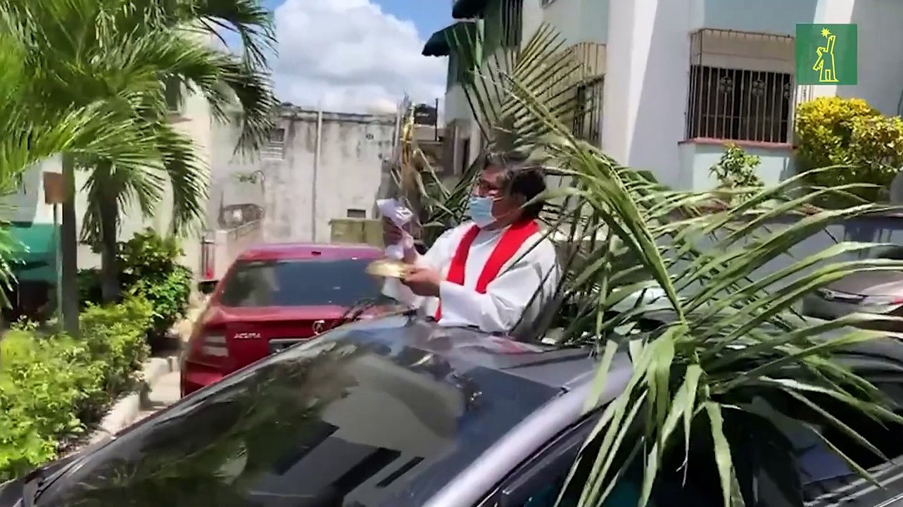 Procesión de sacerdote en carro por Domingo de Ramos en Santo Domingo