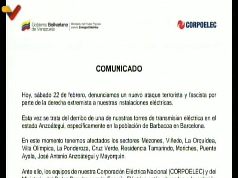 Comunicado | Corpoelec denuncia nuevo ataque fascista en instalaciones eléctricas del país
