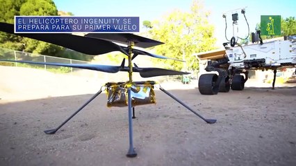 Helicóptero Ingenuity en suelo marciano se prepara para su primer vuelo.