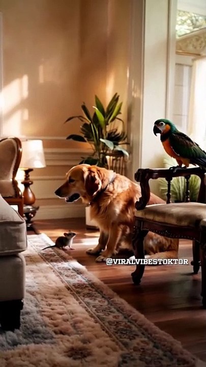 When the 🐶 and 🦜 meet the 🐭 in the house! 😂