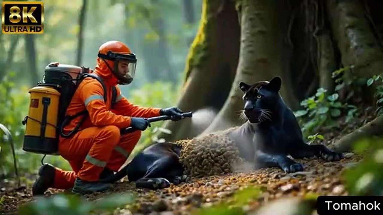The smart baby black leopard went looking for a young man to rescue the injured mother black leopard