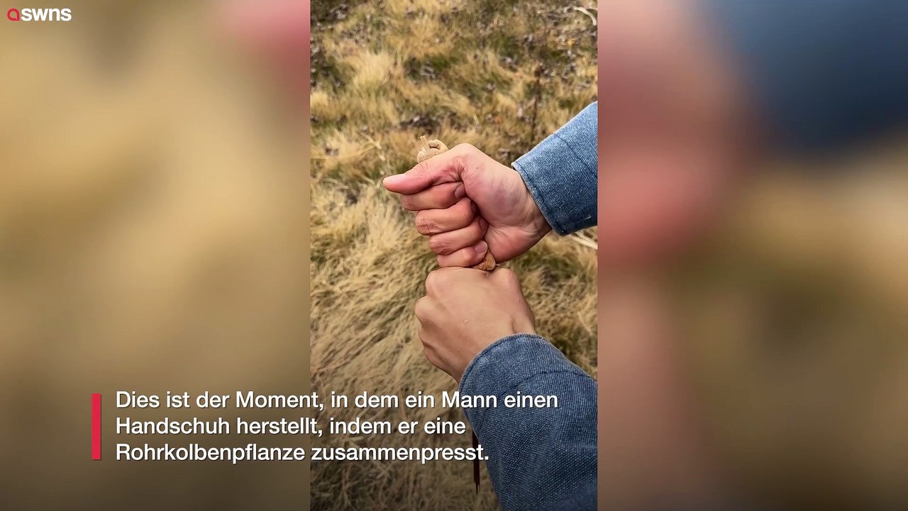 Mann erstellt Handschuh, indem er Rohrkolbenpflanze quetscht