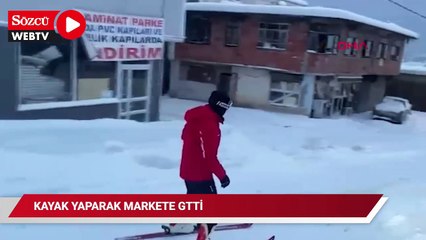 Rize'de market alışverişine kayakla gitti