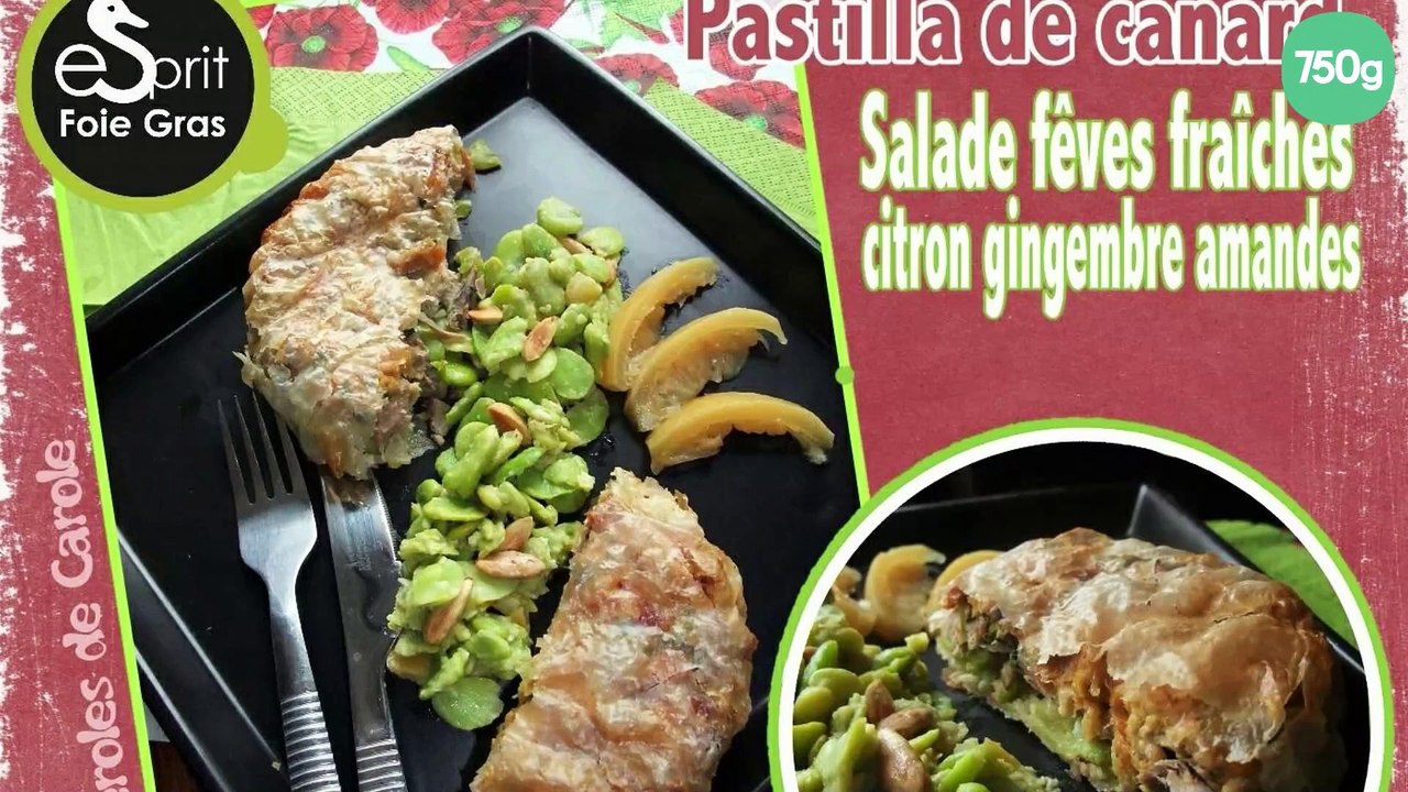 Pastilla de canard aux fèves fraiches et salade de fèves