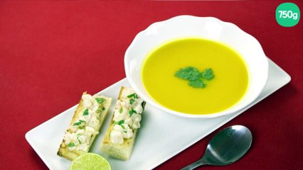 Velouté de potiron, bruschetta façon tartare de crevettes