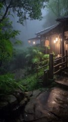 Wooden House in a Rainy Forest.