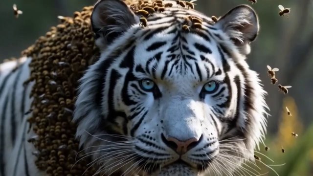 A white tiger was hunting when suddenly it was invaded by millions of parasitic wasps. When people saw it, they immediately called the rescue team./ The daring rescue of a tiger in Savannah.