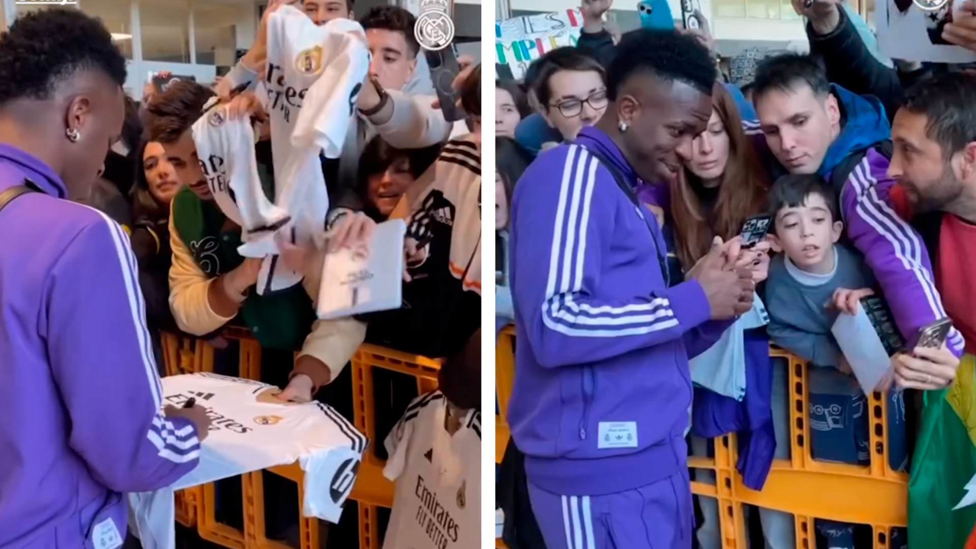 Vinicius se toma un tiempo con los fans y les firma camisolas a las afueras del Reale Arena 