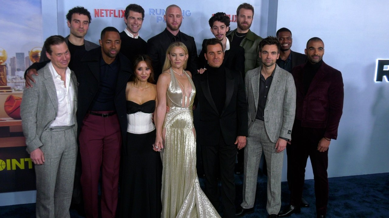 The cast of Netflix's "Running Point" poses together at the premiere with Kate Hudson, Brenda Song, and more