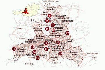 Map of Salzburg State. Peta Negara Bagian Salzburg. Salzburg State Map. Map of State of Salzburg. State of Salzburg Map. Karte des Salzburger Landes. Carte de l'État de Salzbourg. Mapa do estado de Salzburgo. Mapa del estado de Salzburgo. ザルツブルク州の地図