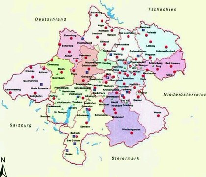 Map of Upper Austria State. Peta Negara Bagian Austria Hulu. Upper Austria State Map. Map of State of Upper Austria. State of Upper Austria Map. Karte des Bundeslandes Oberösterreich. Mapa do estado da Alta Áustria. Carte de l'État de Haute-Autriche