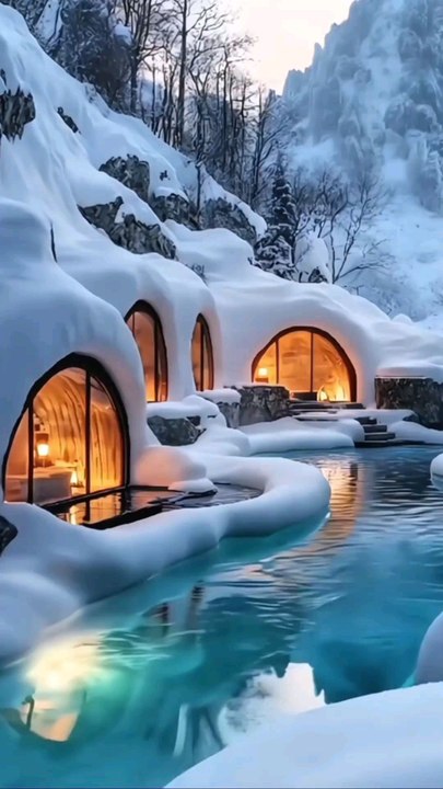 Snowy Mountain Resort Paradise, Cave-Style, cozy,Tourism, Vacation, Scenic Wonderland.