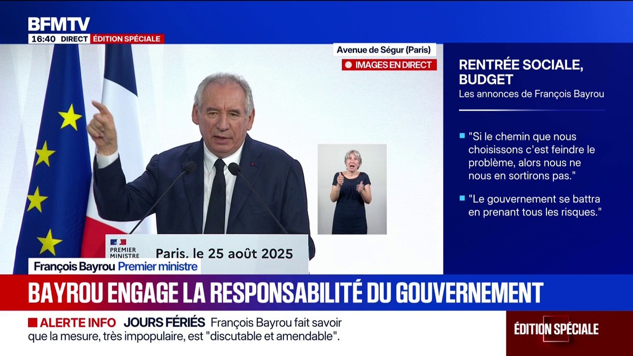 Discours de rentrée: François Bayrou engage la responsabilité du gouvernement dans un vote de confiance le 8 septembre prochain