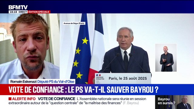 Vote de confiance du 8 septembre: François Bayrou prépare sa sortie , affirme Romain Eskenazi, député PS du Val-d'Oise