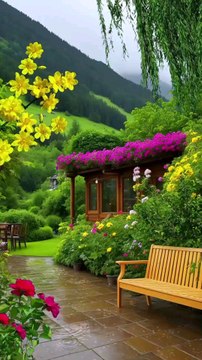 Magical Resort Garden, Vibrant Flowers, raining, Camping Fun, Tourism