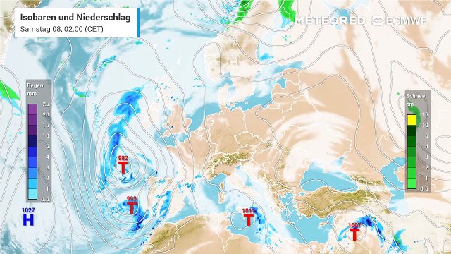 Frühlingserwachen dank Hoch Ingeborg in Deutschland und „Land unter“ auf der Iberischen Halbinsel aufgrund der Tiefdruckgebiete auf dem Atlantik.