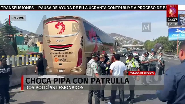 Choque entre pipa y patrulla deja a dos lesionados en la México-Pachuca