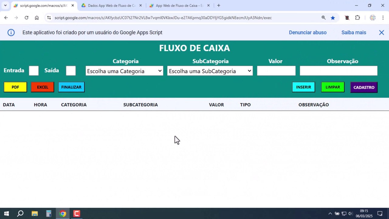 Planilhas Google | Página (App) Web de Fluxo de Caixa | Google Apps Script