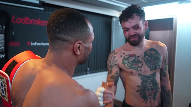 Boxer Harlem Eubank embraces Tyrone McKenna in dressing room after brutal victory