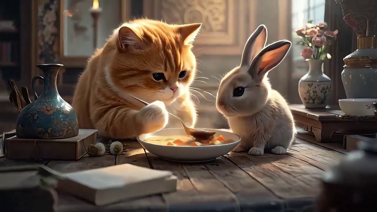 Sweet cat and rabbits😻 #CatCookingFood  #catcookingfood   #cat #cute   #funny  #cat  #pets