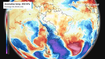 Anomalia de temperatura em 850 hPa - massas de ar
