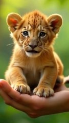 lion is playfully sitting on the palm of a human hand.