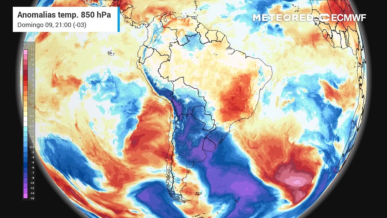 Anomalia de temperatura em 850 hPa - massas de ar
