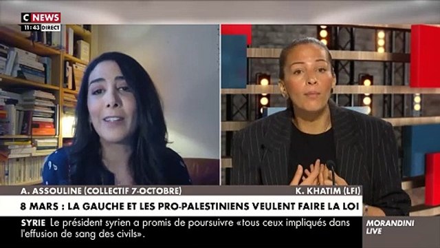 Manif du 8 mars - Vif accrochage dans Morandini Live entre Aurélie Assouline, présidente du collectif du 7 Octobre, et Karima Khatim de LFI: Vous ne vouliez pas que les femmes juives viennent manifester à vos côtés - VIDEO