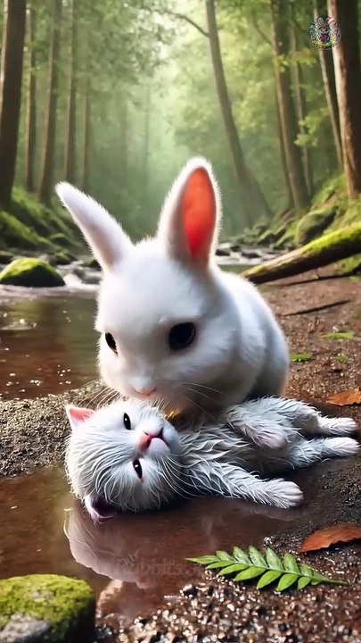 A rabbit saves a kitten that was separated from its mother🐰 #RabbitRescue #CuteAnimals #AnimalRescue-336