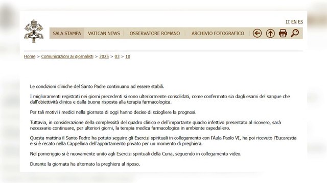 El Papa presenta una mejoría consolidada y está fuera de peligro, pero seguirá en el hospital