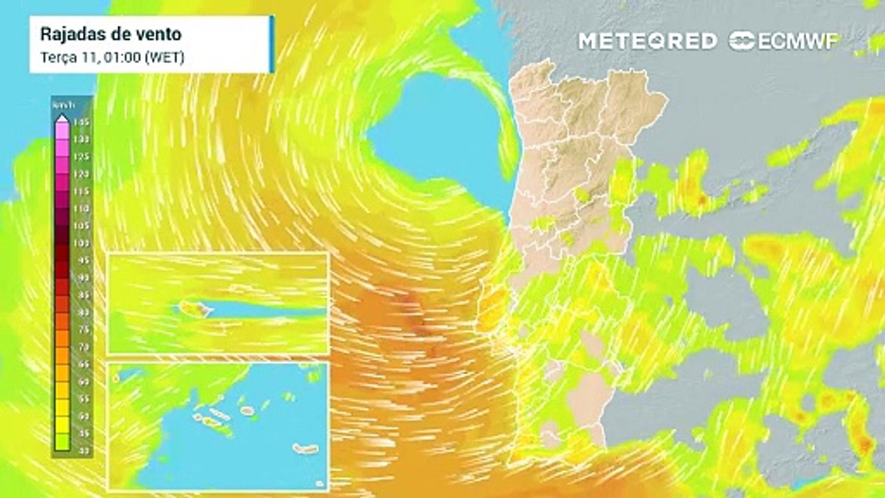Espera-se uma intensificação do vento nos Açores e em Portugal com aproximação de depressão. Esperam-se rajadas de vento superiores a 120 km/h.