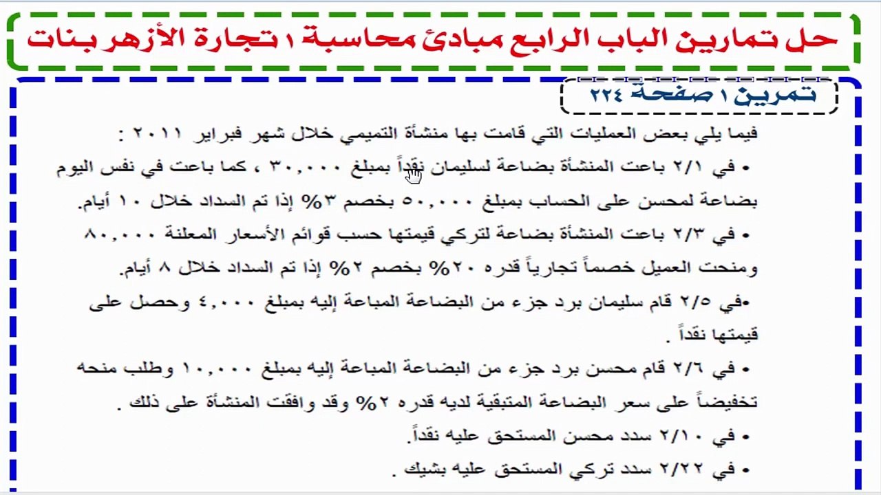 مبادئ محاسبة  1 - الخصم التجاري و النقدي حل تمرين صفحة 224 كتاب البنات