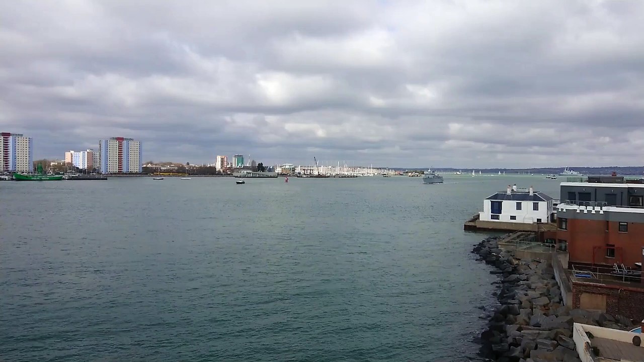 Royal Navy minehunter ship HMS Ledbury sailing from Portsmouth Naval Base